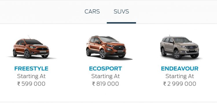 Linha de SUVs da Ford na Índia com um intruso [divulgação]