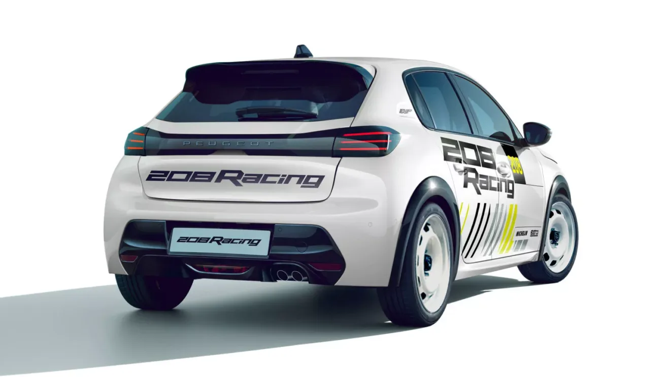 Peugeot 208 Racing branco em foto estática de traseira com fundo e chão branco