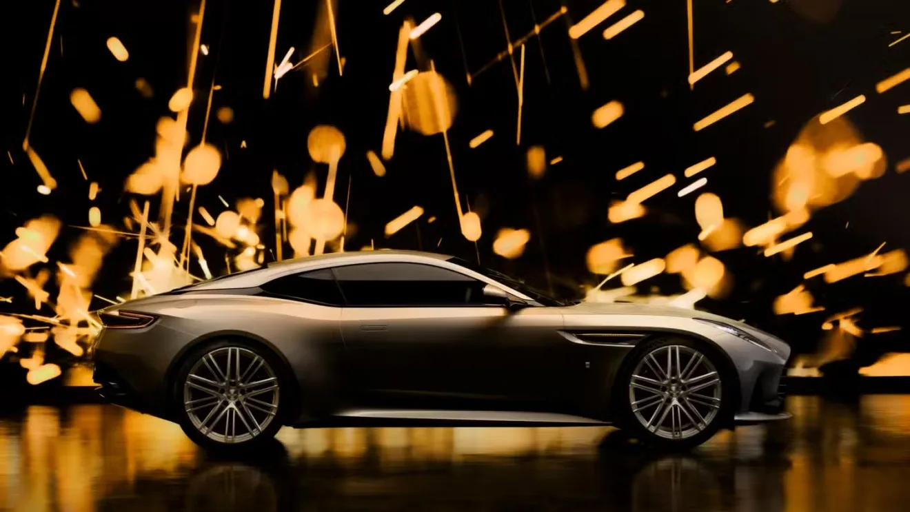 Aston Martin DB12 Goldfinger Edition em foto lateral com fundo preto e dourado