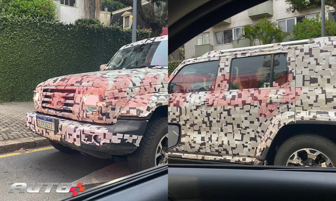 GWM Tank 300 de frente e de lateral com a carroceria zebrada em processo de testes e de homologação no Brasil