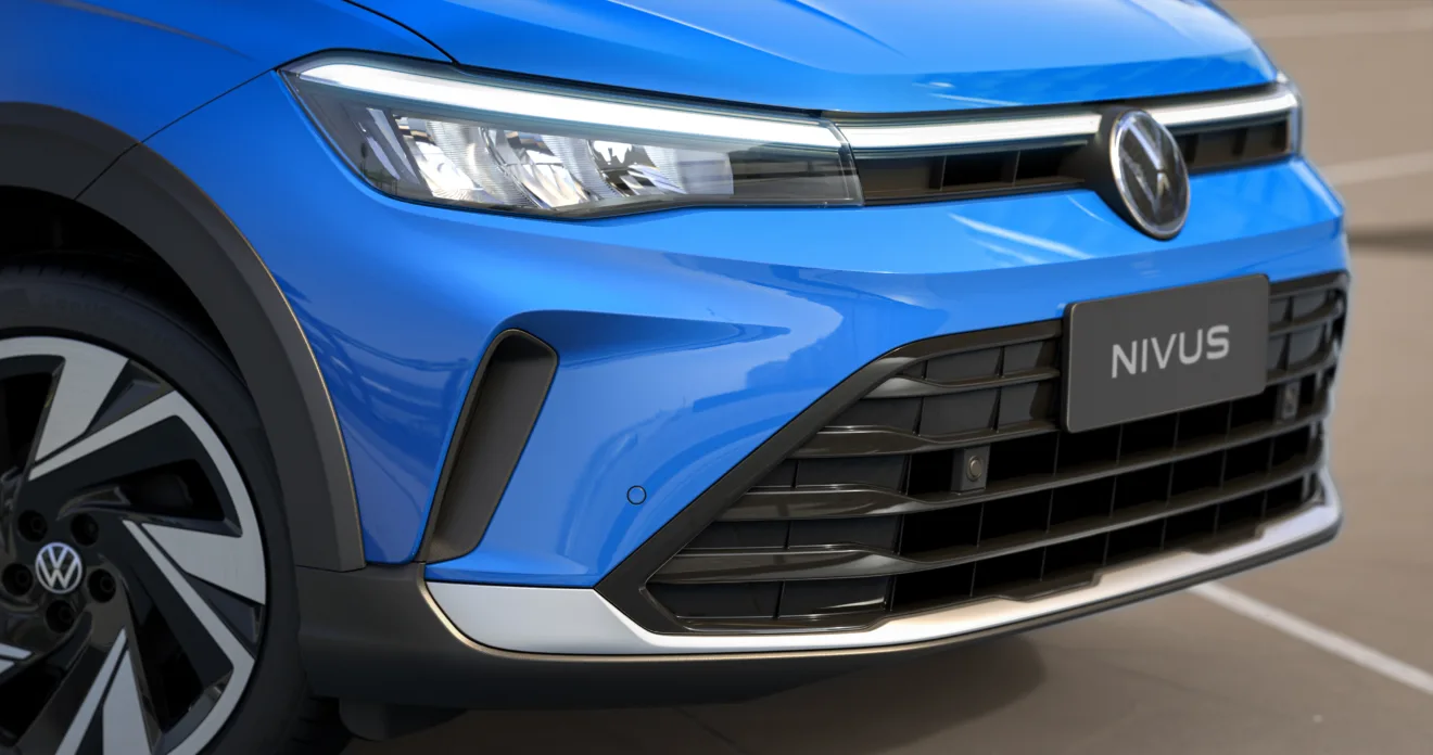 Parte da dianteira do novo Volkswagen Nivus Highline azul