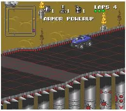 Jogo de corrida Rock N' Roll Racing com carro roxo e pista com lanças