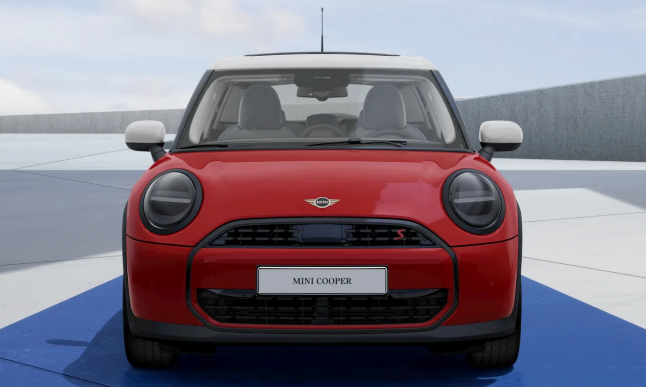 Dianteira do novo Mini Cooper S de cinco portas vermelho com teto branco e piso azulado