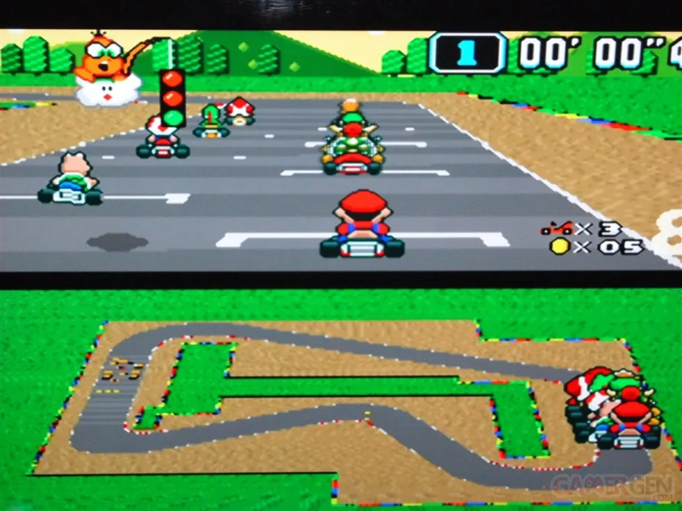 Jogo de corrida Super Mario Kart para Super Nintendo com tela da corrida dividida e Mario no alto