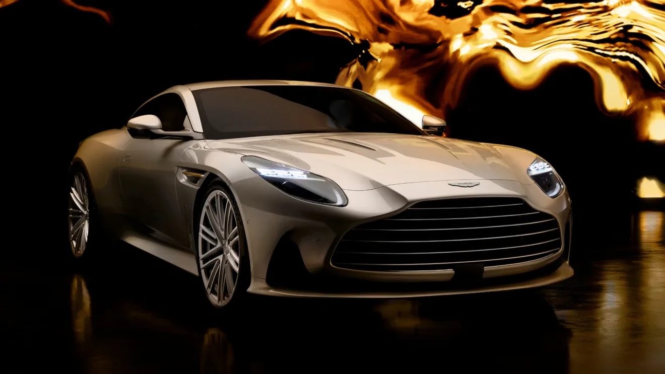 Aston Martin DB12 Goldfinger Edition em fundo preto e dourado na posição 3x4 frontal