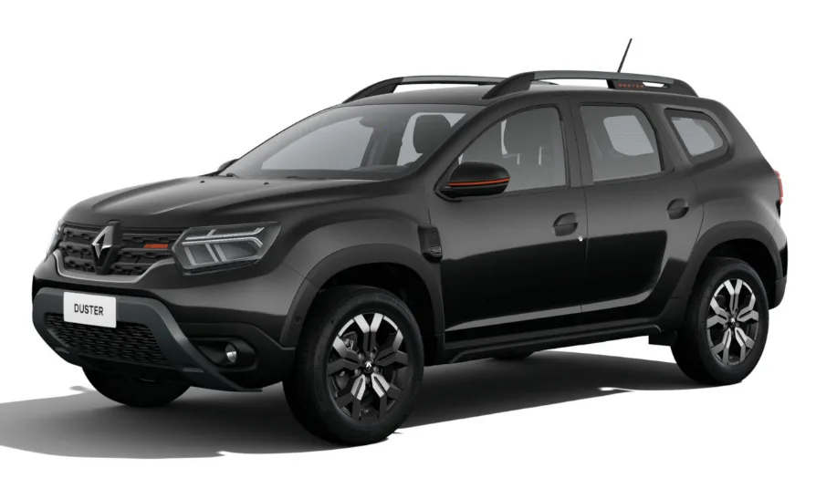 Renault Duster Iconic Plus preto parado em fundo branco