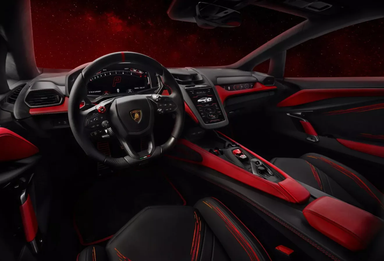 Interior do Lamborghini Revuelto Opera Unica com trabalho de pintura único exibe as cores vermelho e preto