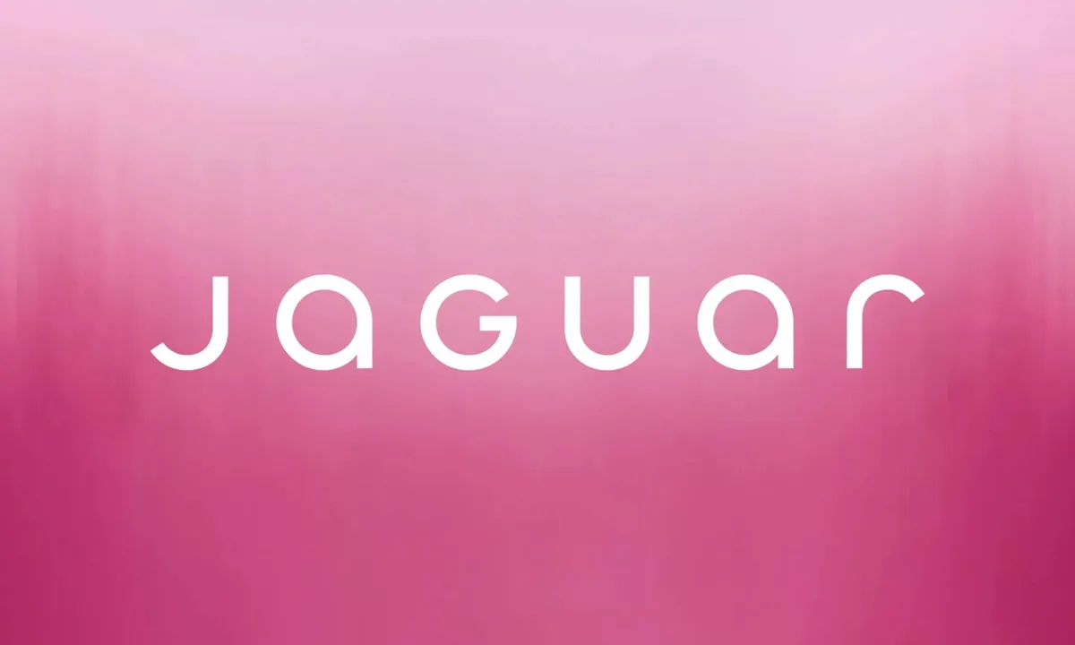 Novo logotipo da Jaguar com fundo rosa e letras brancas