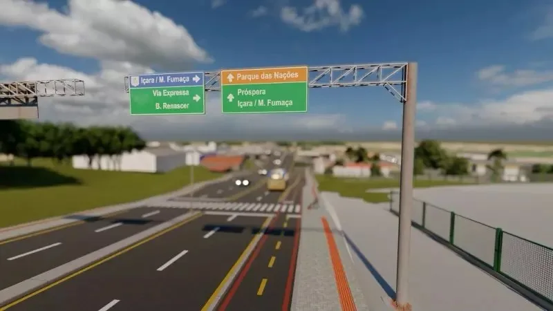 Projeção da avenida Santos Dumont em Criciúma, SC, com placa de informação