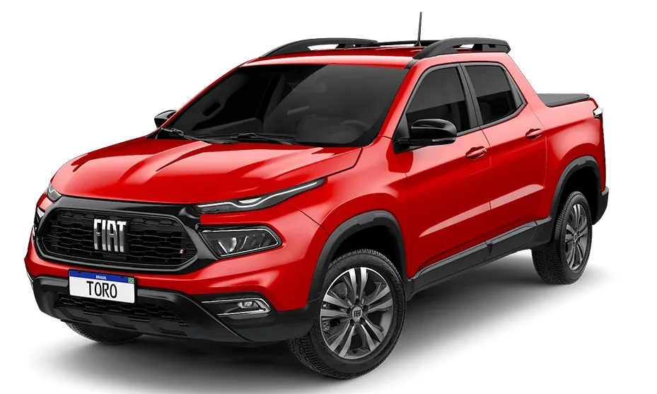 Fiat Toro Freedom vermelha, vista de frente e com fundo branco