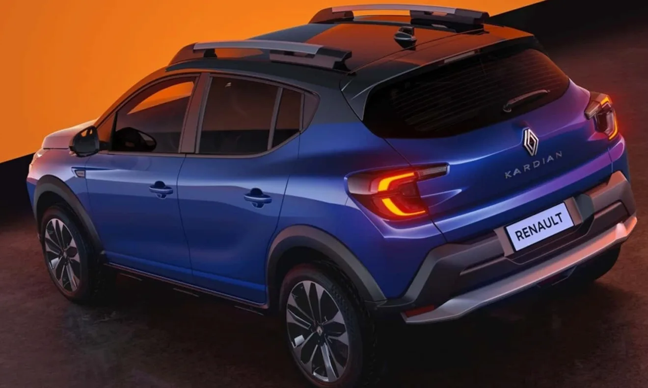 Traseira do Renault Kardian turbo diesel azul, com lanternas acesas e fundo laranja