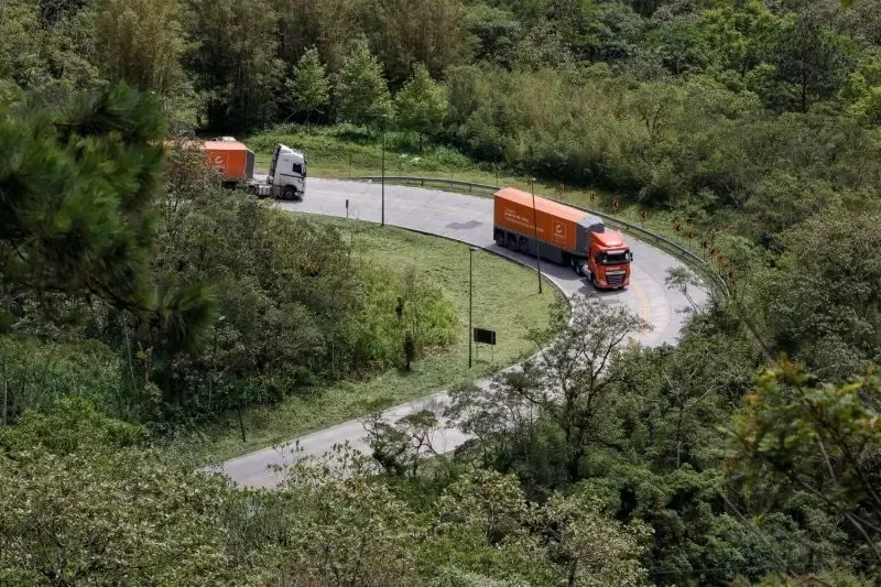 Caminhões andando na Serra Dona Francisca com mato ao redor