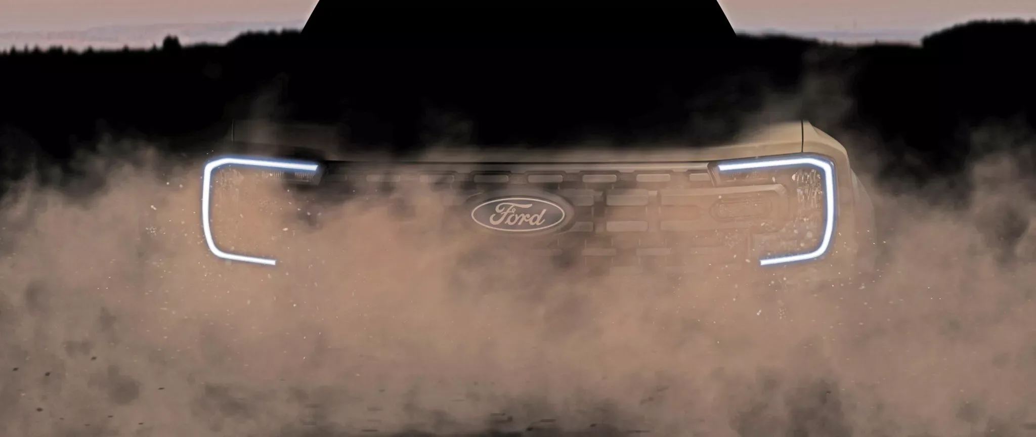 Teaser da Ford Ranger Super Duty com as luzes de circulação diurnas ligadas