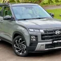 Hyundai Creta Ultimate cinza com teto preto estacionado mostrando a frente com um jardim ao fundo