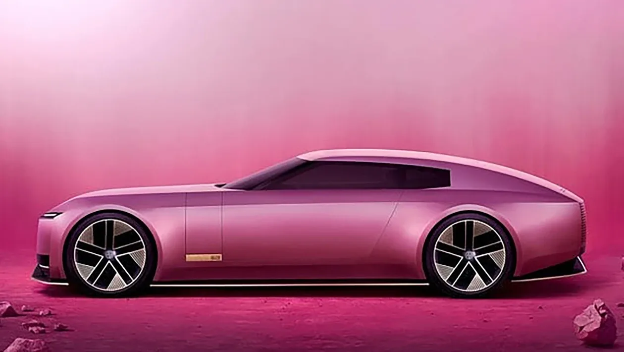 Carro-conceito Jaguar GT Concept rosa parado de lateral com o chão e o fundo também em rosa