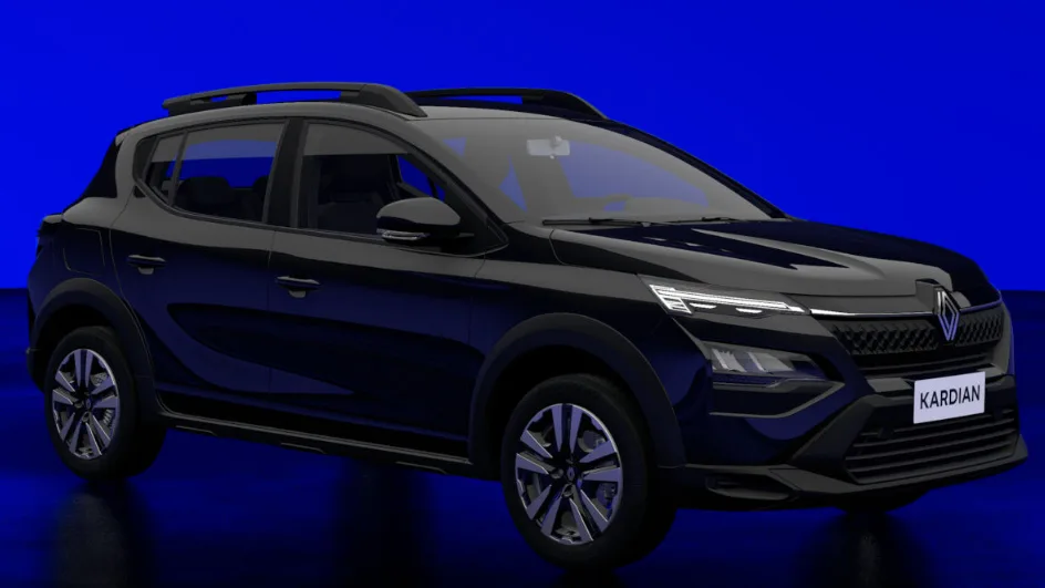 Renault Kardian Evolution EDC preto, visto de frente, com DRL's acesos e fundo azul