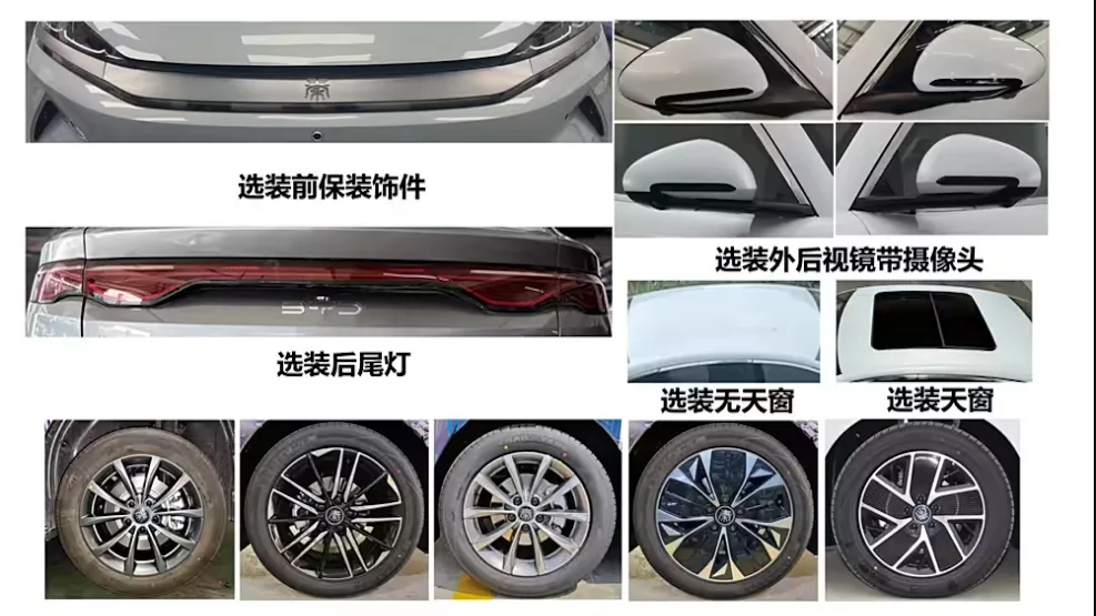 Partes do novo sedan elétrico BYD Qin L com cores variadas e letras chinesas