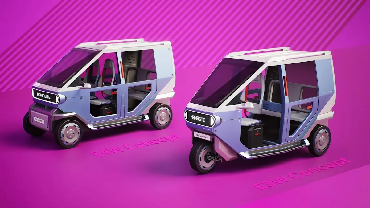 Imagem mostra tuk-tuks elétricos da Hyundai com fundo pink