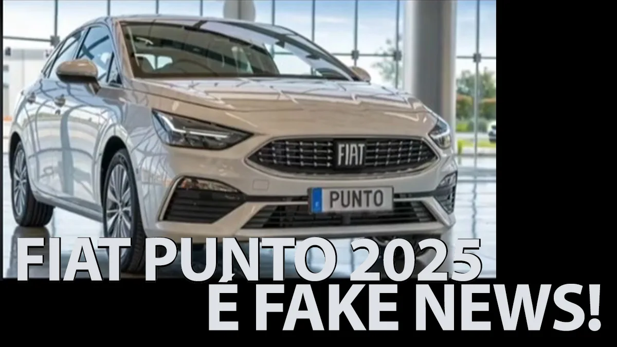 Falso Fiat Punto 2025 branco de frente com um letreio dizendo Fiat Punto 2025 é fake news