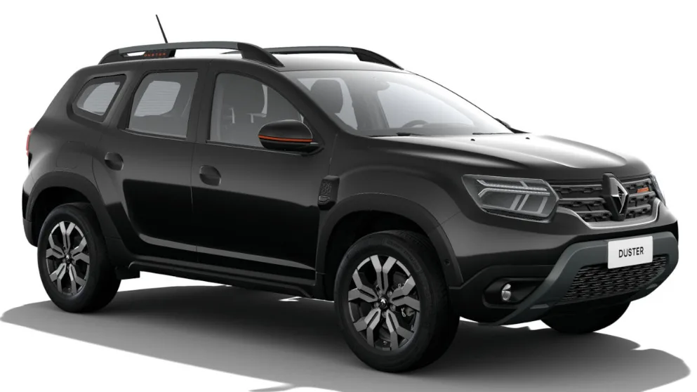 Renault Duster Iconic Plus 1.3 TCe preto, visto de frente e com fundo branco