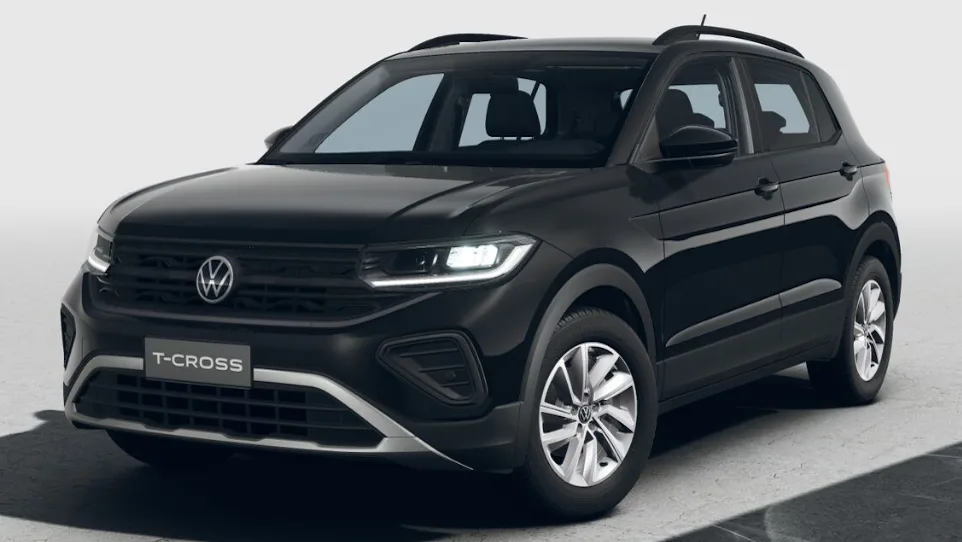 Volkswagen T-Cross Sem Nome 200 TSI preto, visto de frente, com faróis e DRL's acesos e fundo claro