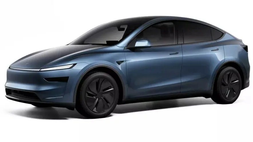 Tesla Model Y reestilizado, pintado de azul com partes pretas, visto lateralmente e com fundo branco