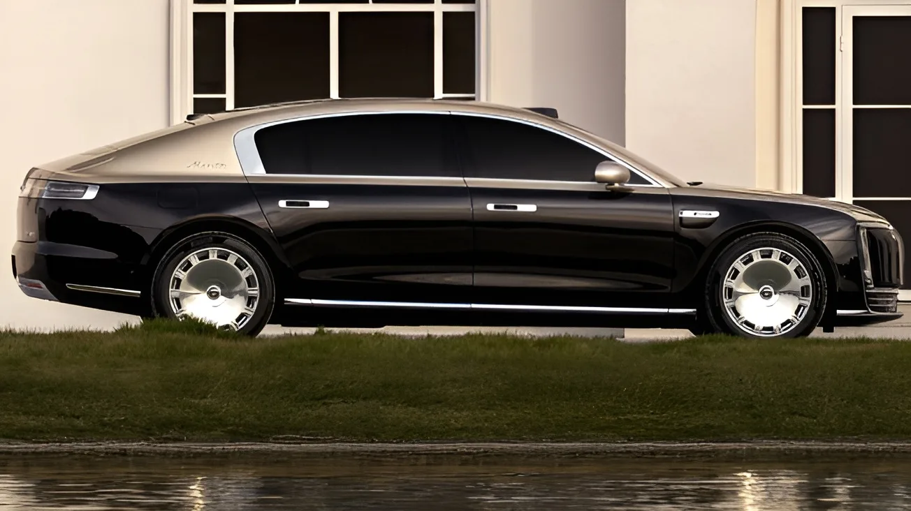 Maextro S800, sedan da Huawei e JAC preto com teto claro, visto de lado e com casa ao fundo