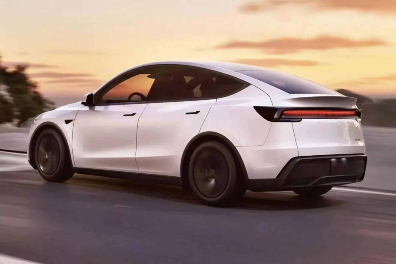 Model Y reestilizado branco, com lanternas acesas, partes pretas e fundo claro