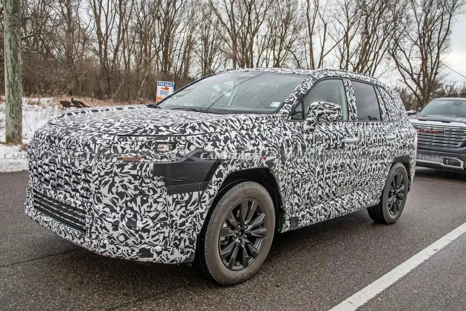 Novo Toyota RAV4 camuflado de preto e branco, visto de frente e com rodas pretas