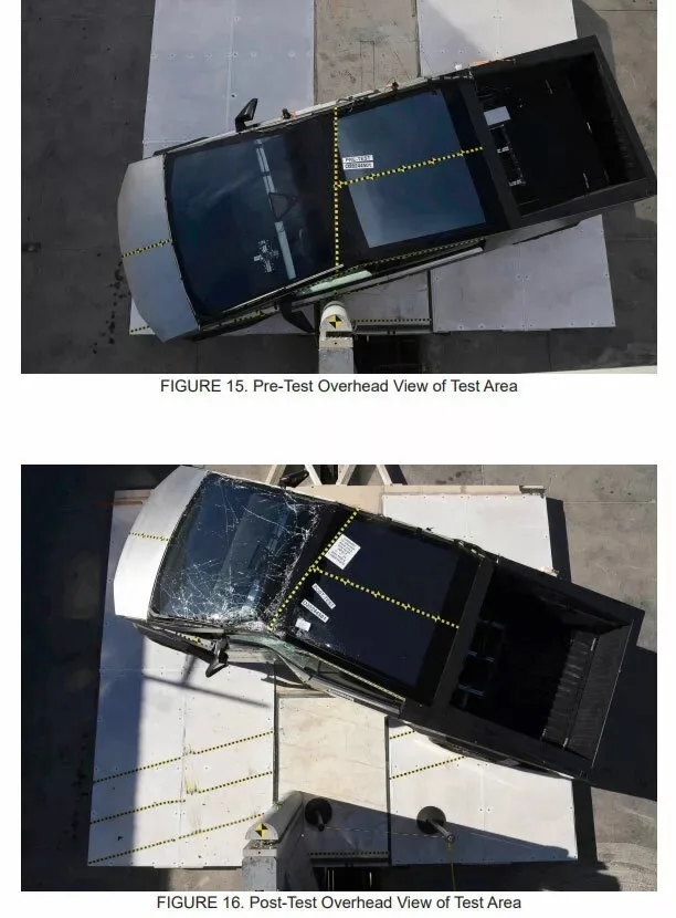 Imagens de cima antes e depois de teste de segurança na Tesla Cybertruck prata