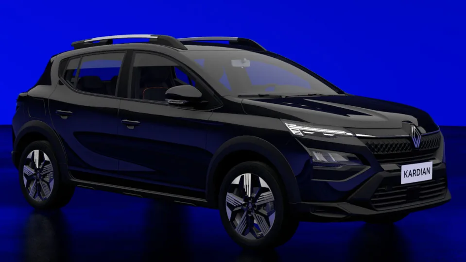 Renault Kardian Techno preto, visto de frente e com fundo azul