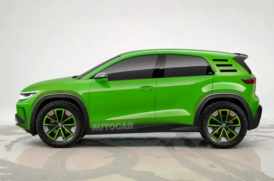 Projeção do futuro SUV elétrico acessível da Volkswagen, pintado de verde com detalhes pretos e visto de lado