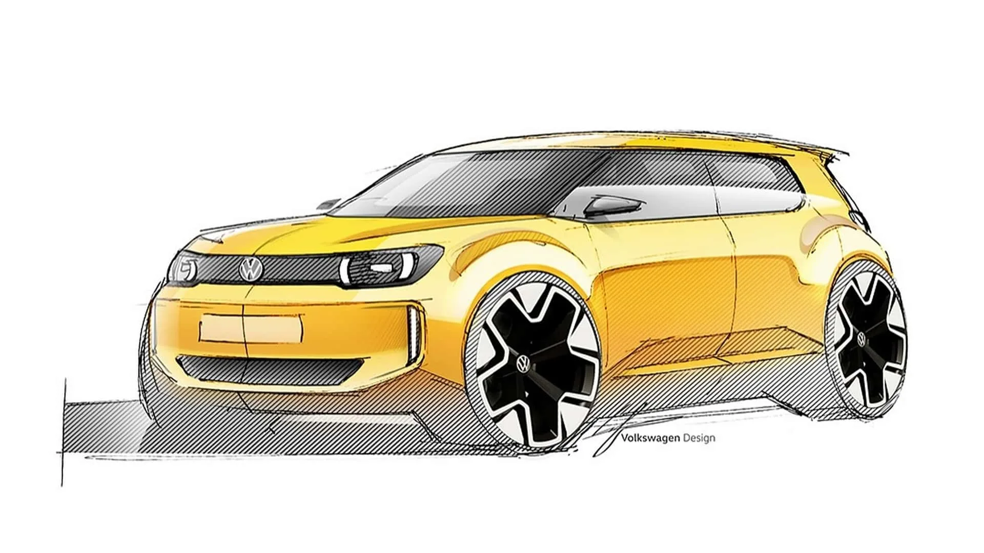 Esboço do futuro carro elétrico barato da Volkswagen pintado de amarelo