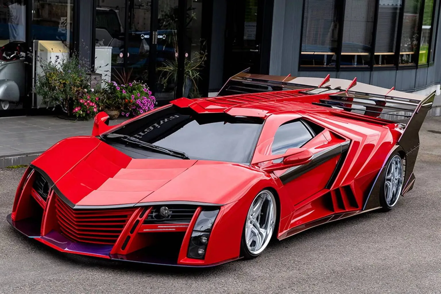 Lamborghini Diablo modificado vermelho parado de frente com janelas ao fundo