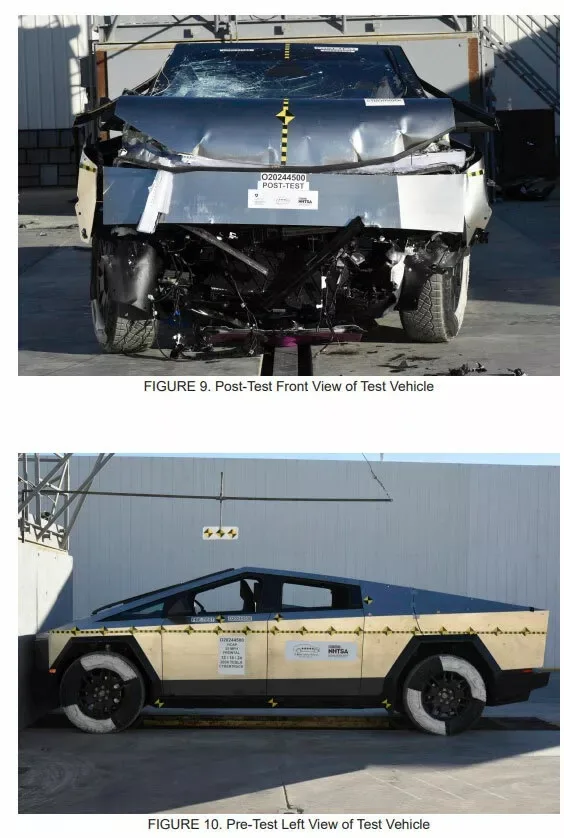 Antes e depois de testes de segurança com Tesla Cybetruck prata