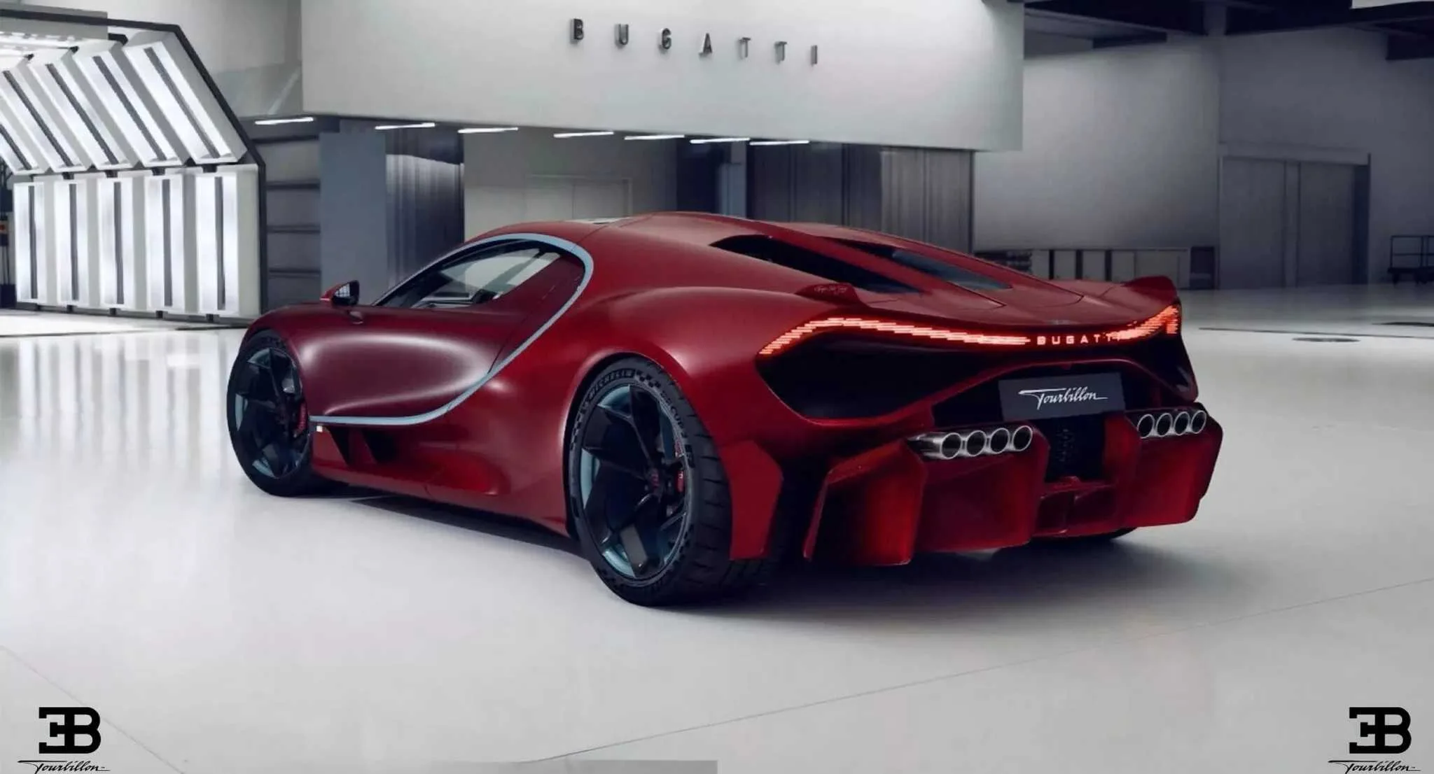 Bugatti Tourbillon vermelho parado de traseira com oito saídas de escape