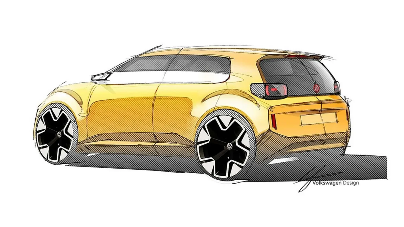 Esboço do futuro carro elétrico barato da Volkswagen, pintado de amarelo e visto de trás