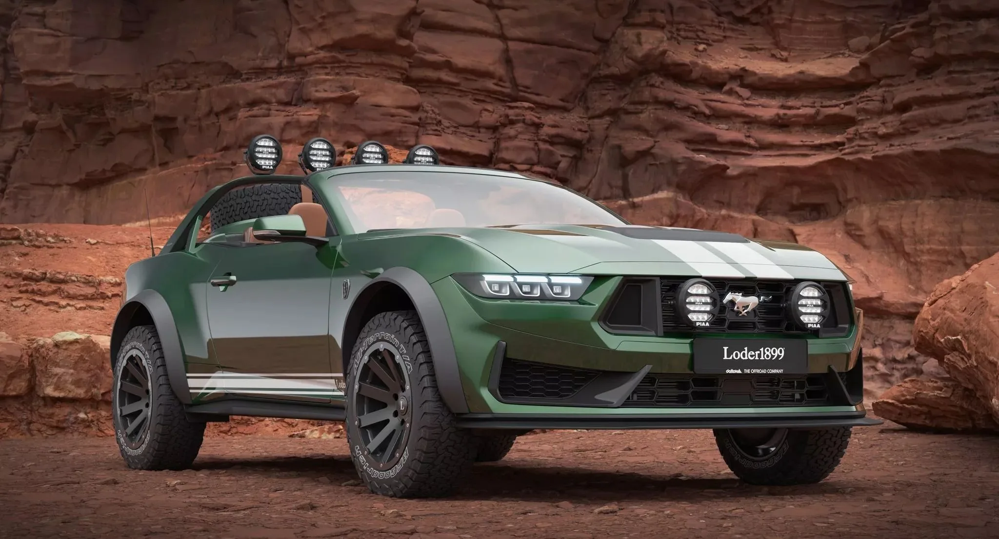 Shelby GT350 verde modificado para o off-road parado de frente