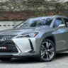 Lexus UX 300h cinza parado de frente com casa ao fundo