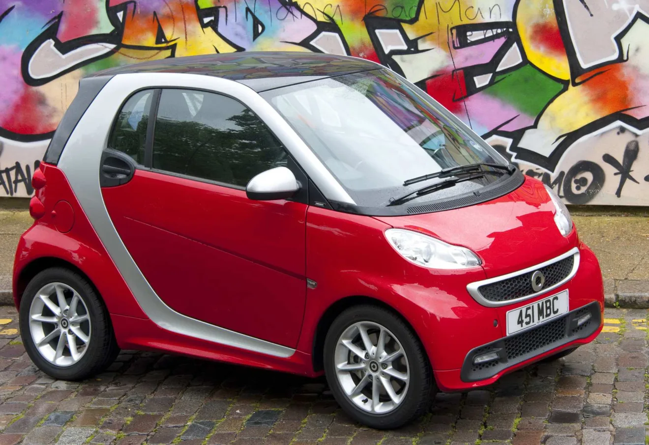 Smart Fortwo vermelho parado de frente na rua com muro grafitado ao fundo