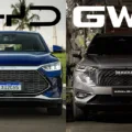 BYD Song Plus azul de frente com o logotipo da BYD em cima com um GWM Haval H6 parta do lado com o logotipo da GWM em cima