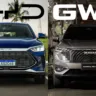 BYD Song Plus azul de frente com o logotipo da BYD em cima com um GWM Haval H6 parta do lado com o logotipo da GWM em cima