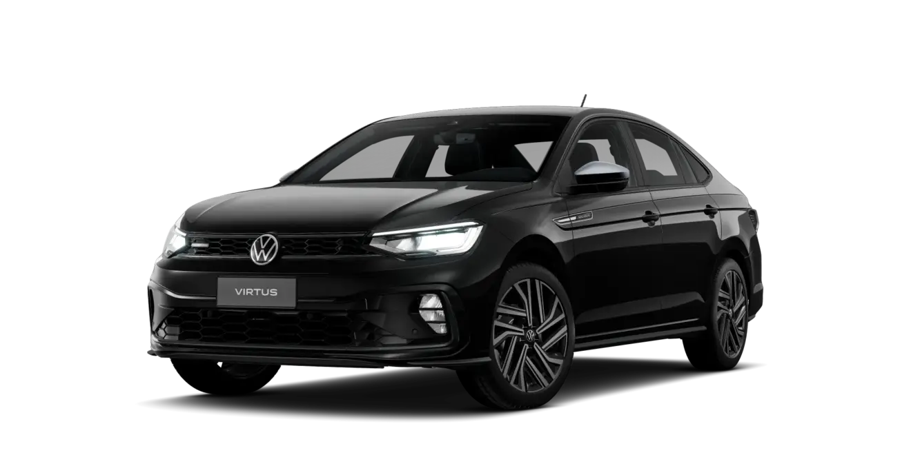 Volkswagen Virtus Exclusive 2026 preto, visto de frente e com faróis acesos