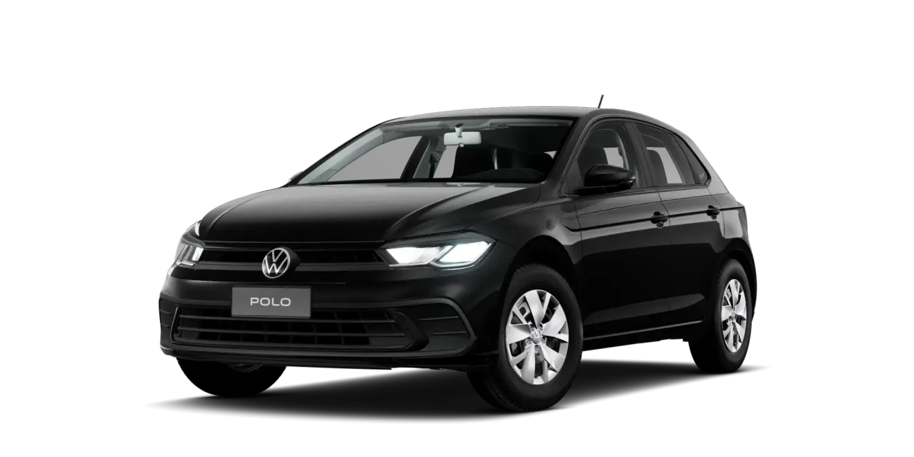 Volkswagen Polo Sense 2026 preto, visto de frente e com faróis acesos