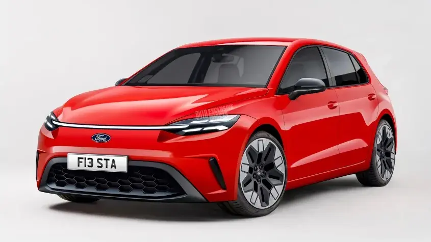 Projeção de como poderia ser o novo Ford Fiesta, pintado de vermelho e com faróis acesos