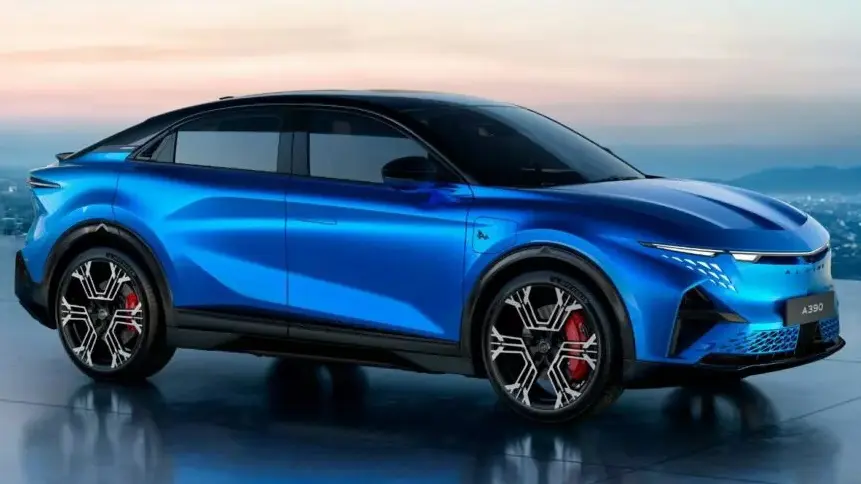 Alpine A390 azul com detalhes preto visto de lado