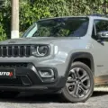 Jeep Renegade Longitude Night Eagle cinza parado de frente com muro e plantas ao fundo
