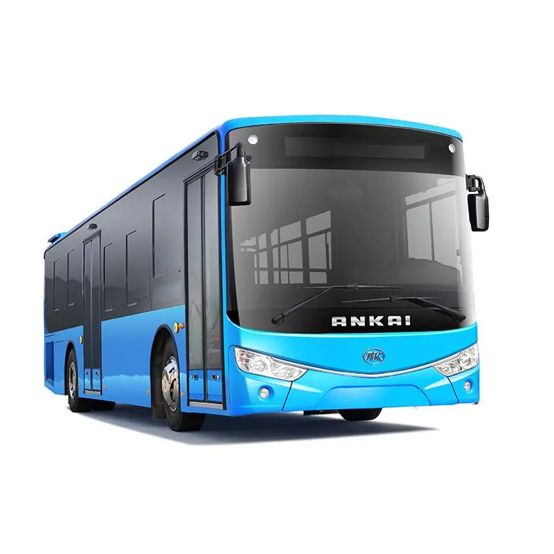 Ônibus Ankai azul parado de frente com fundo branco