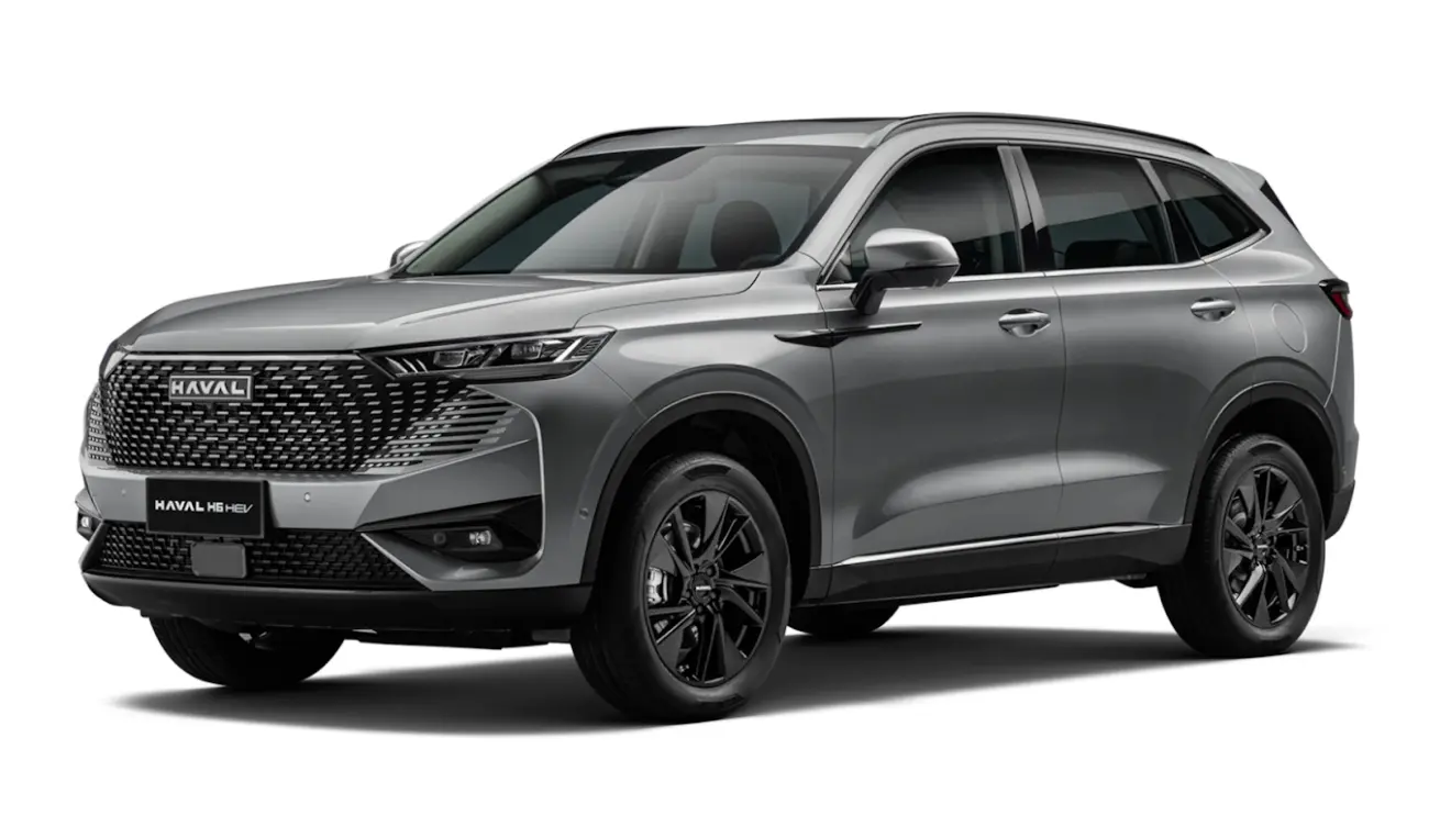 GWM Haval H6 HEV2 cinza com detalhes pretos, visto delado