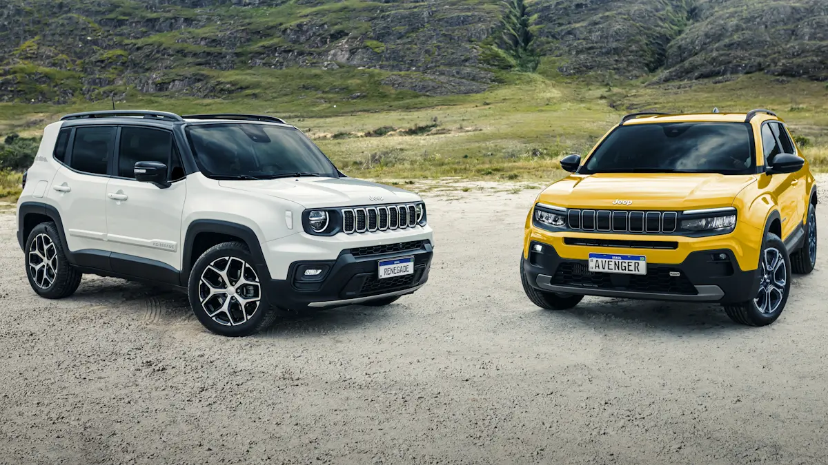 Jeep Renegade branco  Avenger amarelo de frente
